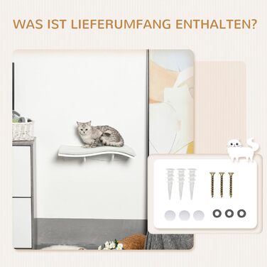PawHut Cat Climbing Wall, Cat Hammock, Cat Bed, Wall Shelf, Wall Mount, Cat Furniture, Plush MDF, White, 53 x 28 x 12 cm