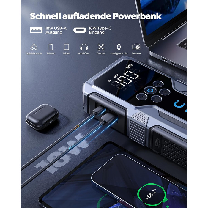 Powerbank Starthilfe UTRAI для автомобіля: 4500A, компресор 150PSI, швидка зарядка 18W, ліхтар, запуск двигуна до 8.5L бензину/6.5L дизеля