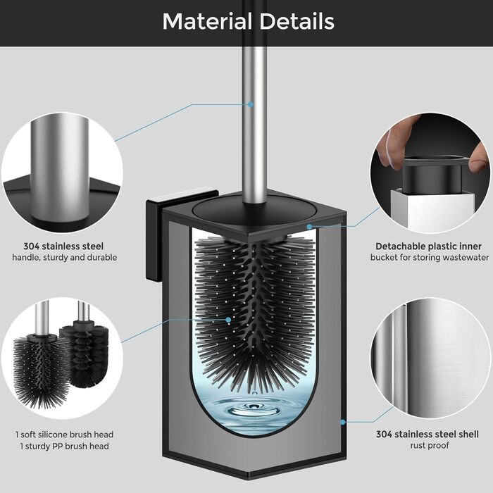 Набір для чищення унітазу WAVEWO з кріпленням на стіну, силіконова щітка та тримач, квадратна щітка з нержавіючої сталі 304, 2 насадки (срібна)