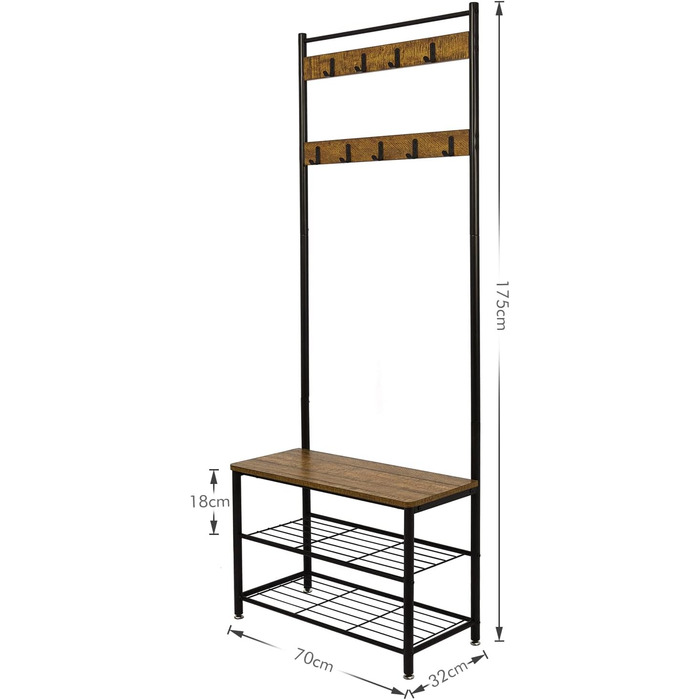 Mondeer Coat Rack, Shoe Rack with Coat Rack, 3 Shelves and 9 Detachable Hooks, Industrial Design, Metal and Wood Construction, 70 x 32 x 175 cm, for Entryway, Brown