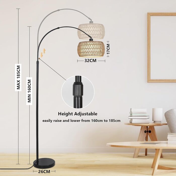 Rayofly Торшер для вітальні Bogenlampe в стилі бохо з ротанговим абажуром, диммований торшер з пультом та LED-лампочкою, управління через додаток, чорний