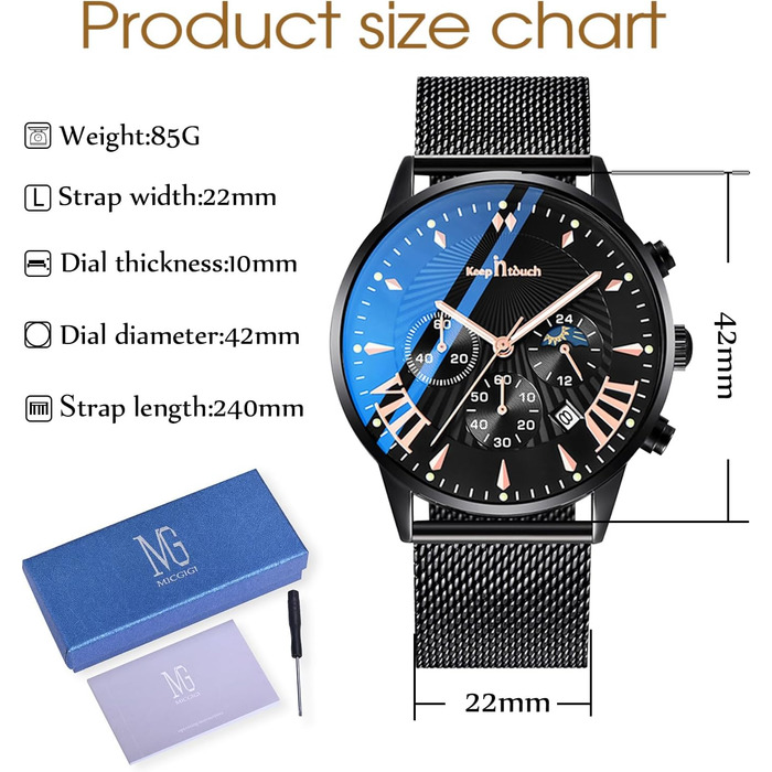 Чоловічий годинник Mode Herren: Водостійкий аналоговий кварцовий годинник з нержавіючої сталі та сітчатим ремінцем. Чорний колір.