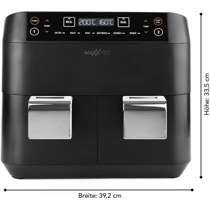MAXXMEE аерофритюрниця з двома кошиками 7,6 л, цифрова, 2400 Вт, 6 програм, одночасне приготування двох страв