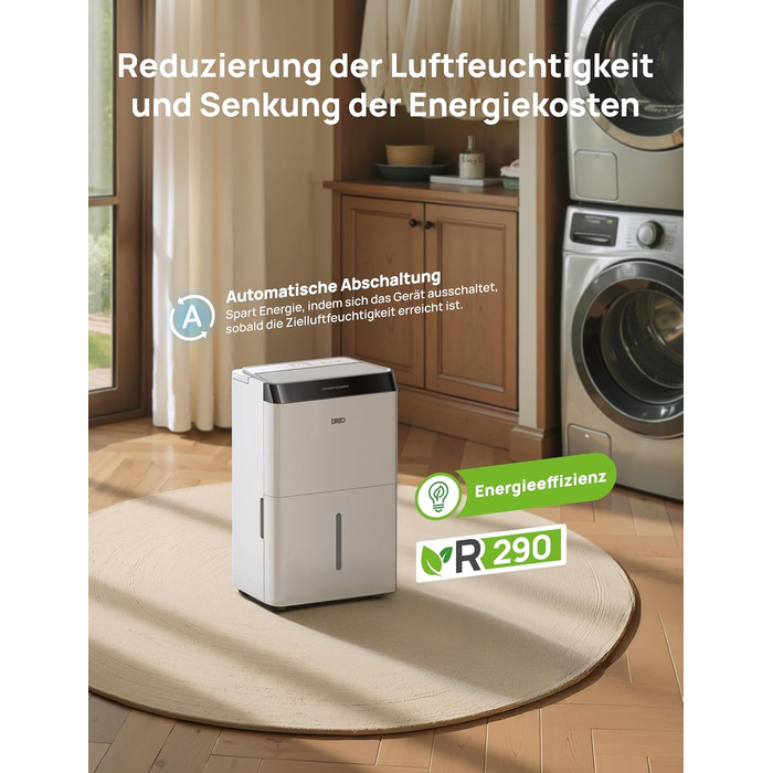 Dreo Розумний осушувач повітря /24h, для приміщень 37 м² – енергоефективний та тихий – керування через App & Alexa – 3 режими, таймер, регульована вологість, з відводом води, для спальні та ванної кімнати, білий (20L, чорний)