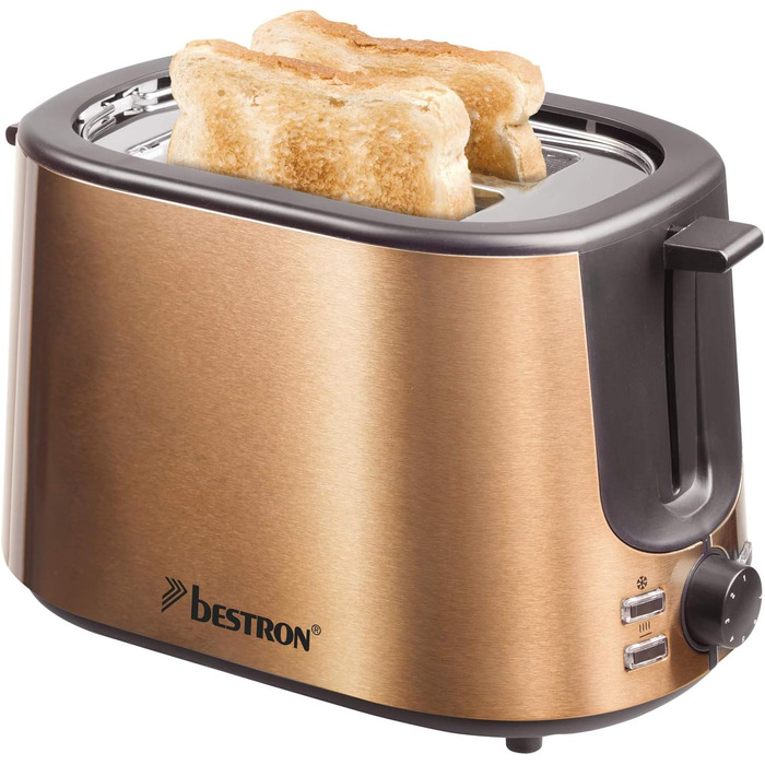 Тостер Bestron Satin Collection з 2 відсіками, 7 рівнів підсмажування, піддон для крихт та насадка для тостів, 1000 Вт, колір: мідний