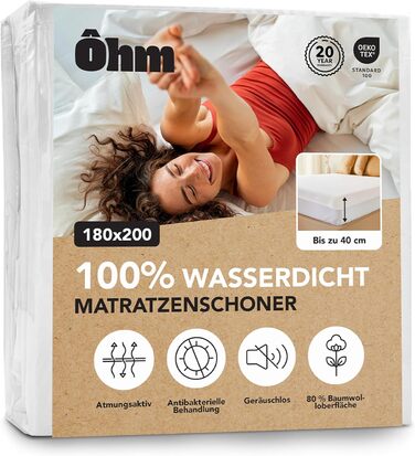 Mattress Protector 180 x 200 cm | Mattress Topper | Waterproof & Silent | Hypoallergenic & Absorbent Cotton | Anti-Mite | All-Around 40 cm | Oeko-TEX | Ôhm