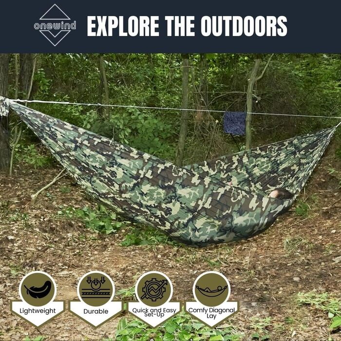 onewind Long Ultra-Light Camping Hammock for Backpackers, Portable, Compact, Ideal for Hiking, Camping, Travel (Camo, 335cm * 140cm)