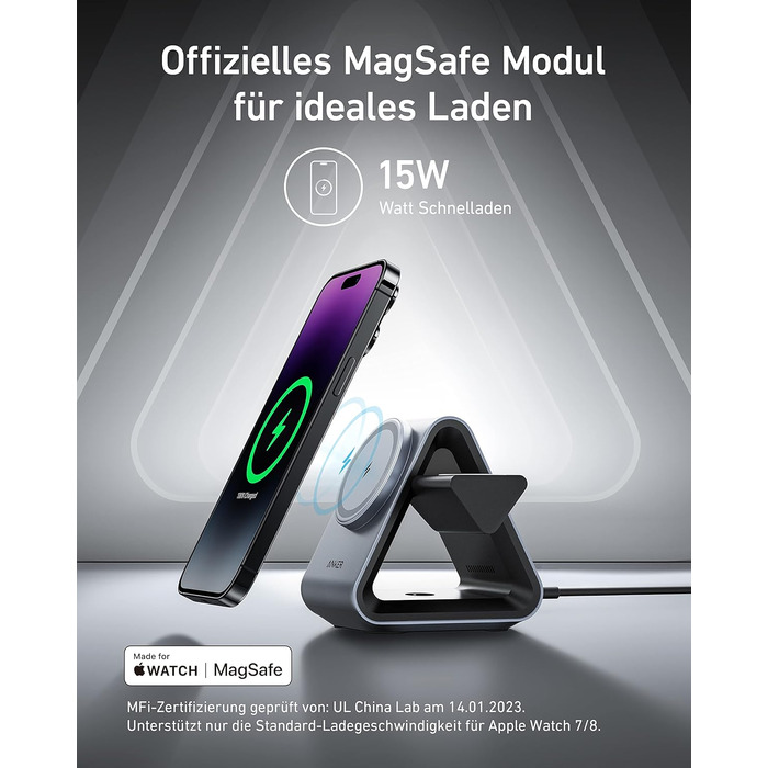 Anker MagGo MagSafe Зарядний пристрій 3-в-1: Швидка зарядка 15 Вт, MFi сертифікація для iPhone 17/16/15, Apple Watch S8/7/6, AirPods 3/Pro (з USB-C адаптером 30 Вт)
