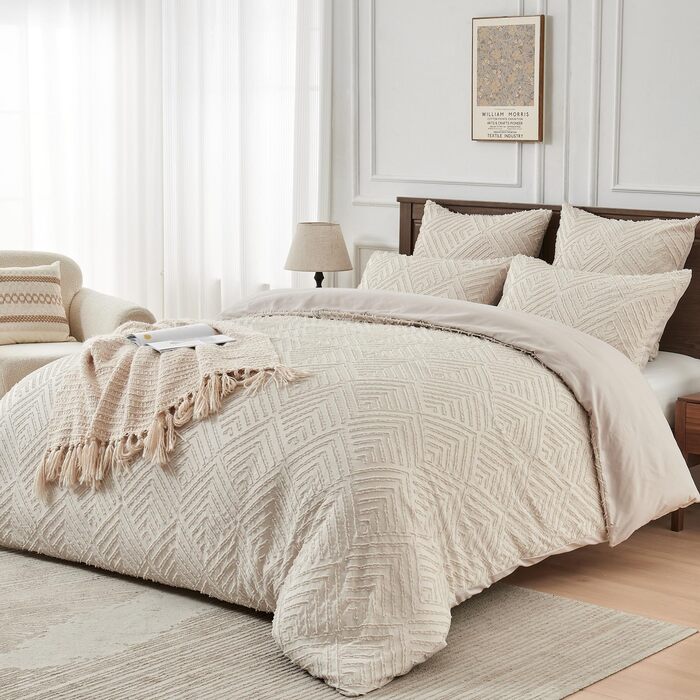 Богемна постільна білизна Boho 135x200 бежевого кольору з туфетою, геометричний візерунок, мікрофібра, комплект 2 шт. (135x200 + 80x80)