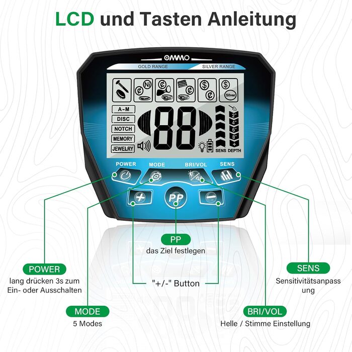 Металодетектор OMMO Pro для дорослих та дітей, USB, водонепроникний (IP68), 6 режимів, пошук золота, з лопаткою, синій