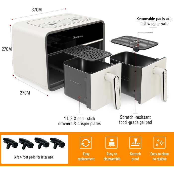 Runnatal Dual Zone Hot Air Fryer with Viewing Window, 8L Airfryer, 2100W, 2 Compartments, 14-in-1 Double Chamber Hot Air Fryer with Vegetarian and Meat Pots, 2 Chamber Airfryer, Non-Stick Coating