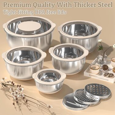 Набір мисок Deedro з прозорим кришкою (5 шт.) - 4.7L, 2.8L, 1.9L, 1.4L, 0.63L. Миски для салатів, приготування їжі, з нержавіючої сталі, бежеві. Нековзкі, стікні, миються в посудомийній машині, з терткою.