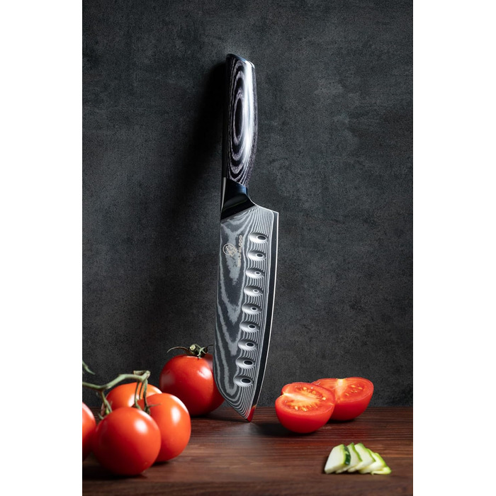 Професійний кухонний ніж Santoku Wolfblood PRO XL 31 см з 67-шарової дамаської сталі з дерев'яною ручкою, подарункова коробка та чохол