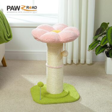 Flower Cat Tree - Small Cat Tree for Indoor Cats with Super Thick Scratching Post [Dia=14cm], Detachable Flower Cat Bed, Feather Ball - Pink