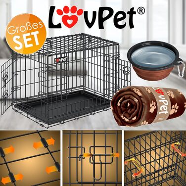 Складана переносна клітка для собак з підкладкою з флісу та мискою. Переноска для собак з 2 дверцятами, 92,5 x 57,5 x 64 см, чорна