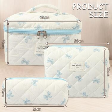 Набір косметичок 3 шт. для подорожей, дамські косметички з квітковим принтом, набір для макіяжу, косметичні сумочки для дівчат та жінок (блакитна стрічка)