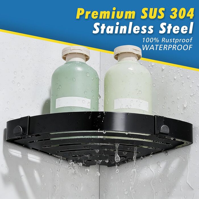 Поличка для душу без свердління, кутова, з нержавіючої сталі, 2 шт. (Чорний)