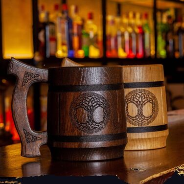 Діжка TESLYAR Вікінг 0.6 л з дуба - середньовічна діжка для пива, кружка, кухоль з гравіюванням молота Тора, руни. Ідеальний подарунок для чоловіків, дерев'яний кухоль.