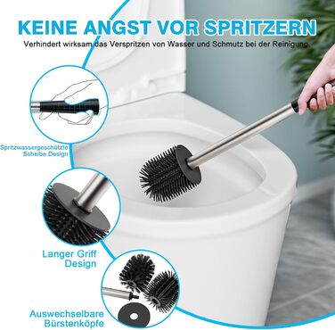 Набір для чищення унітазу FUNPALA з нержавіючої сталі та силікону, 2 насадки, ручка-тримач, сріблястий