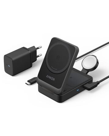 Anker MagGo 3-в-1 Бездротова Зарядна Станція Qi2 15W MagSafe для iPhone 17/16/15/14, Apple Watch 9, AirPods (з USB-C 40W адаптером) - Чорна