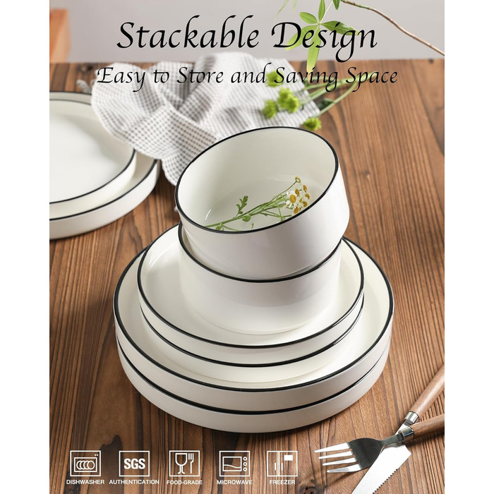 Набір посуду Sweejar Home з кераміки на 4 особи (12 предметів): тарілки та миски з порцеляни, богемський стиль, набір для обіду, безпечний у мийці та мікрохвильовці