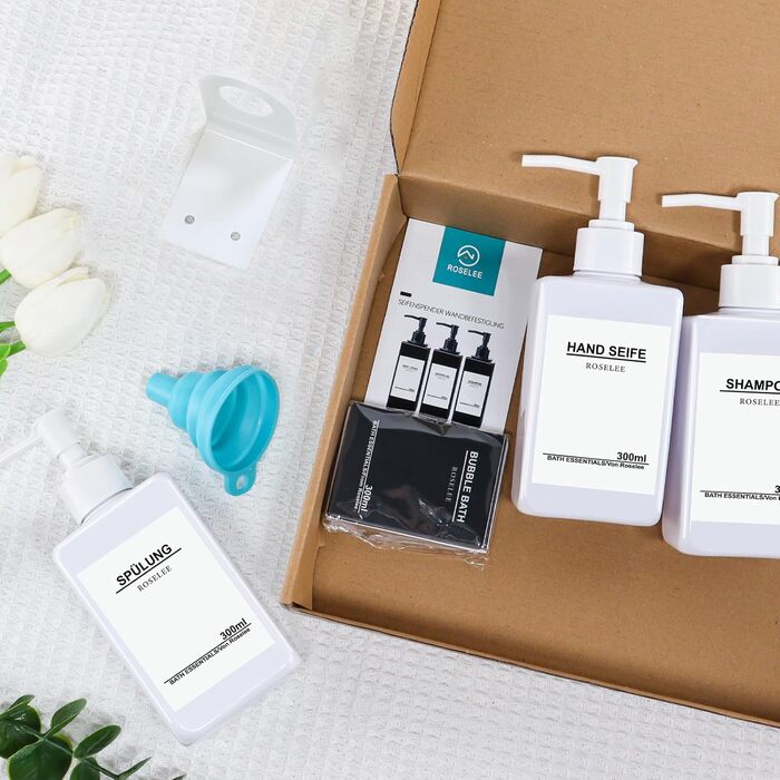 Набір з 3 дозатори для мила Roselee на стіну, без свердління, 500 мл. Дозатори для душу, шампуню та пінної ванни з етикетками для ванної кімнати та кухні (Білий)