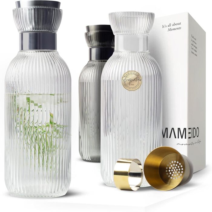 1.5L & 1L Water Carafe - Glass Carafe with Lid & Strainer, Hand-Blown Glass Carafe, Water Jug with Elegant Appearance for Special Occasions, Carafes for Gifting (Crystal Silver, 1500ml)