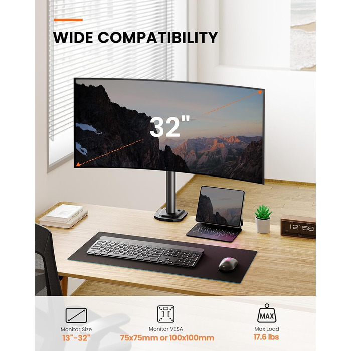 Кронштейн для монітора ErGear для екранів 13-32 дюймів, регульований навісний тримач (висота, нахил, поворот) для офісу та геймінгу, VESA 75x75/100x100 мм
