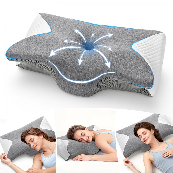 Ортопедична подушка A-Pce з Memory Foam для шиї, спини та плечей. Підходить для сну на боці, спині та животі. Сіро-білий колір