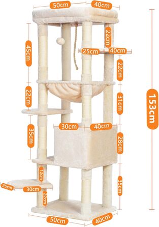 Драбина для котів Heybly Kratzbaum з лежаком, печерею та великими платформами, 50 x 50 x 153 см, бежева HCT050M