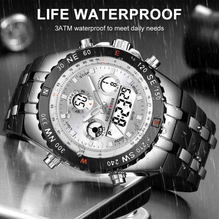 Чоловічий військовий спортивний годинник: цифрові та аналогові функції, водонепроникність, дата, будильник, світіння, секундомір. Великий годинник для чоловіків, сріблястого кольору.