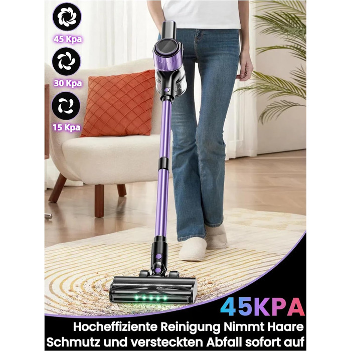 Бездротовий акумуляторний пилосос 45000 Па/500 Вт/45 хв з LED-дисплеєм та щіткою проти намотування, висувний шланг 73 см для твердих поверхонь, килимів, шерсті тварин, фіолетовий