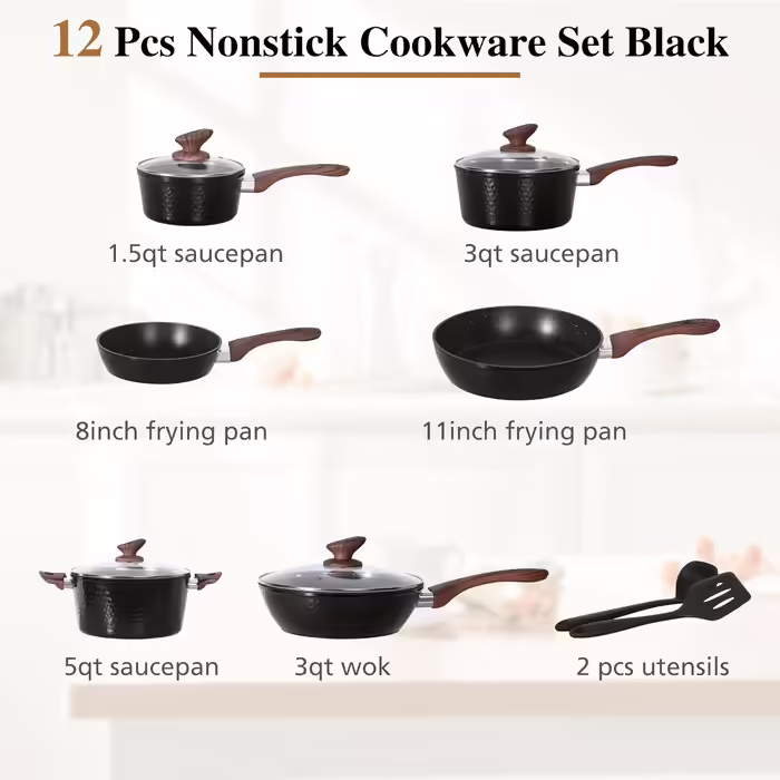 DishDelight Induction Cookware Set - 12-Piece Cookware Set with Granite Coating and Glass Lids, Induction Compatible, Non-Stick Aluminum Pots and Pans in Black