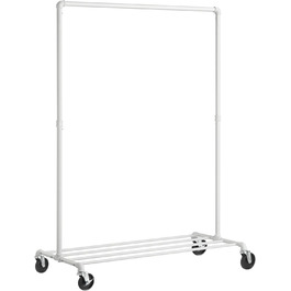 SONGMICS Clothes Rack, Garment Rod, with Wheels, Load Capacity up to 90 kg, Coat Rack with 1 Garment Rod and Shelf, Industrial Design, for Bedroom, Laundry Room, HSR61BK (White)