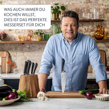 Набір ножів кухонних Jamie Oliver by Tefal (5 предметів) + блок: шеф-ніж, сантоку, для хліба, універсальний, овочечистка. Німецька сталь, акація, коричневий K267S556