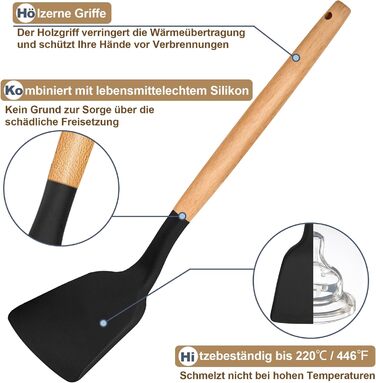 Набір кухонних аксесуарів Homikit 9 шт. з чорного силікону та дерев'яними ручками