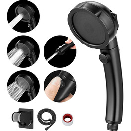 MIAOHUI Shower Head, Water-Saving with Water Stop Function, 3 Spray Patterns, Pressure-Boosting Shower Head, Shower with Hose and Holder, Black