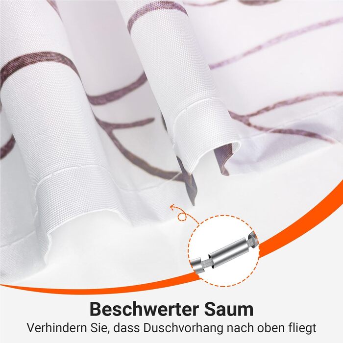 Штора для душу 240x200 см з квітами, поліестер, антигрибкова, водовідштовхувальна, з утяжеленим краєм, з кільцями (коричнева)