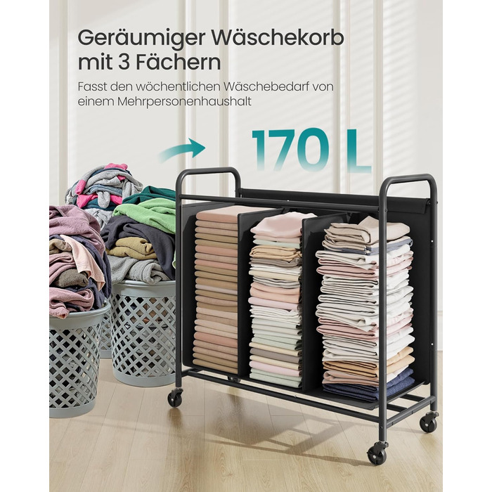 SONGMICS Laundry Basket with Wheels, 3-Compartment Laundry Sorter, 170 L Laundry Sorter, Mobile Laundry Cart, 5 Labels, for Laundry Room, Bedroom, Bathroom, Ink Black RLS330B01