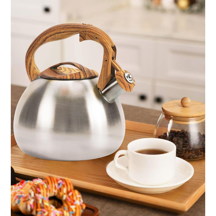 Чайник-свисток Foedo з нержавіючої сталі з дерев'яною обробкою, 3.2 л, для чаю, води, кави та молока, класичний дизайн, червоний (срібний)