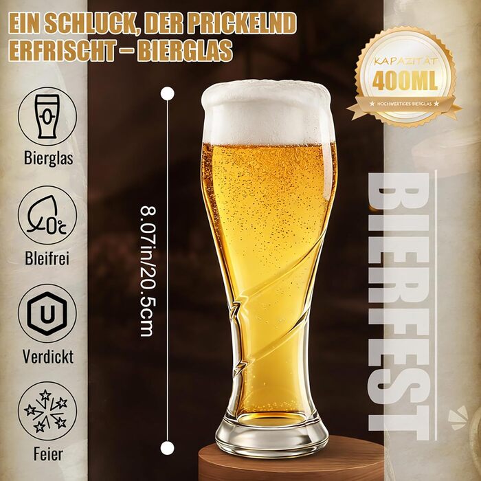Набір келихів для пива 400 мл, безсвинцеве скло, спіралевидний дизайн, стійкі до температур та посудомийки, 6 шт.