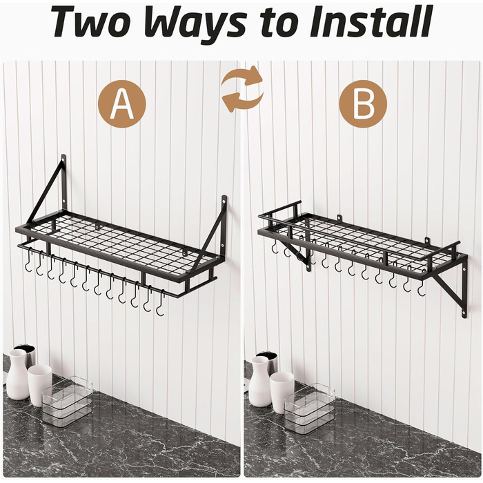 Kitchen Utensil Holder, Pan Holder, Kitchen Shelf, Kitchen with 12 Hooks, Hanging Shelf, Spice, Pan Shelf, Wall Shelf, Kitchen Rail, 75CM Wall Mount, Matte Black, KUR215S75A-BK