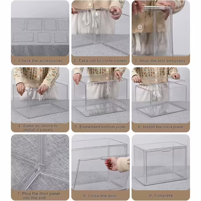 GUDEMAY Transparent Stackable Plastic Boxes with Magnetic Closure - Dustproof Storage Display Case Showcase Ideal for Figurines, Books, Cosmetics, Shoes, and Handbags (3-Piece Set) Transparent - 3-Piece Set