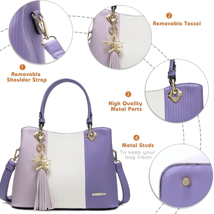 Сумка Pomelo Best жіноча через плече багатобарвна смугаста з внутрішніми кишенями (Ліловий/Білий/Фіолетовий)