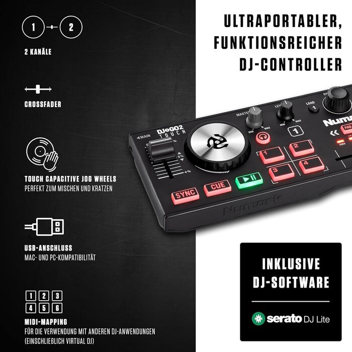 DJ контролер Numark DJ2GO2 Touch: 2-канальний, компактний, з мікшером та аудіоінтерфейсом, Serato Lite