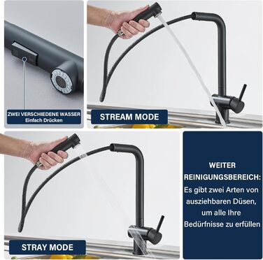 Змішувач для кухні Rozin, чорний матовий, високого тиску, з висувною лійкою 360°, 2 режими, для мийки, з донним клапаном (Orb)