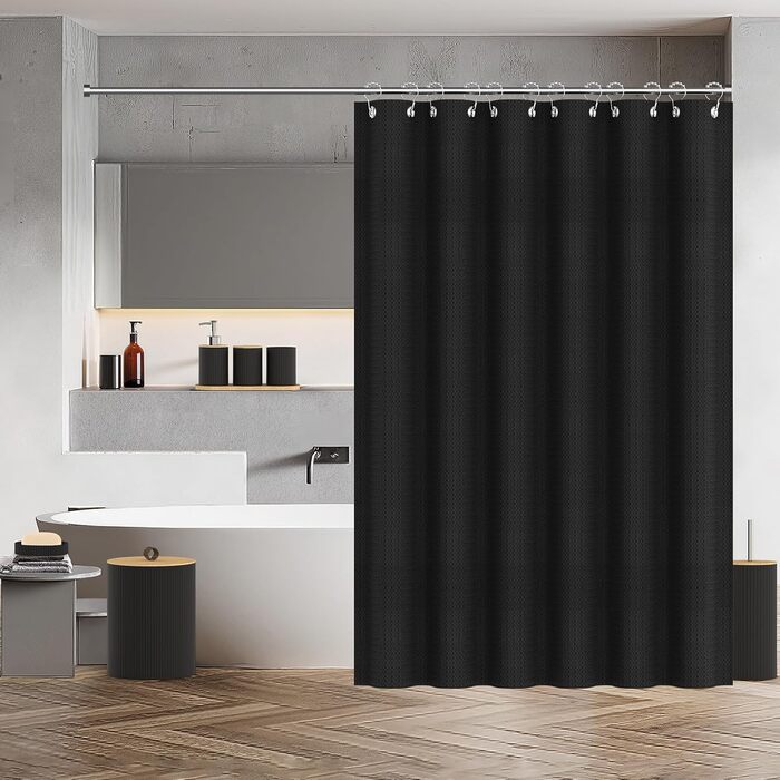 Набір аксесуарів для ванної кімнати PLIOW – 22 предмети, чорний колір. Включає: душовий завіс, відро для сміття, тримач для унітазної щітки, дозатор мила. Стильний та функціональний декор для дому. Повний комплект.