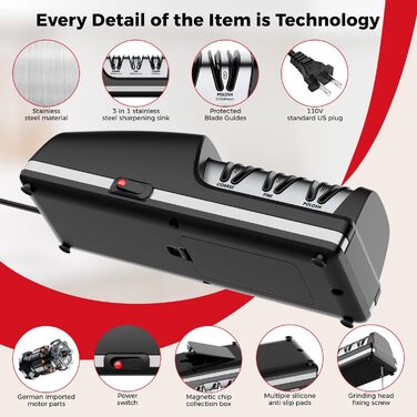 Професійний електричний точило для ножів | Змінні насадки | 100% алмазний абразив, прецизійна система нахилу, підходить для заточування ножів з двостороннім та хвилястим лезом, чорний