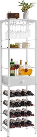 IBUYKE Wine Rack, 4-Tier Freestanding Wine Rack with Glass Holder and Drawer, 16 Bottle Rack Countertop Wine Rack with Tabletop Storage, for Kitchen, Bar, Dining Room, White TMJ905W