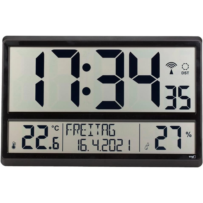 TFA Dostmann XL Wall Clock digital, 60.4520.01, with temperature and humidity, weekday (8 languages), radio-controlled clock, easy to read, large, (Black with batteries)